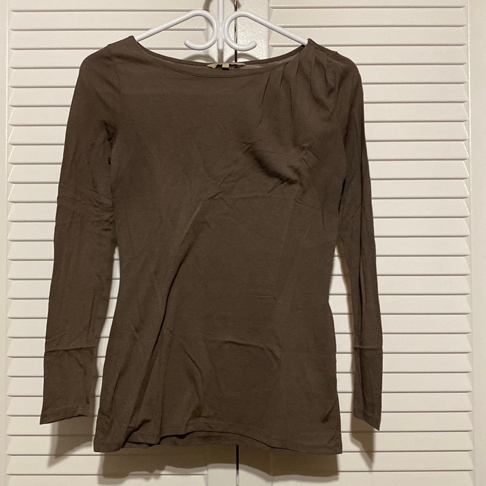 Brown RW&CO long sleeve shirt.  Pleated details on left collarbone.